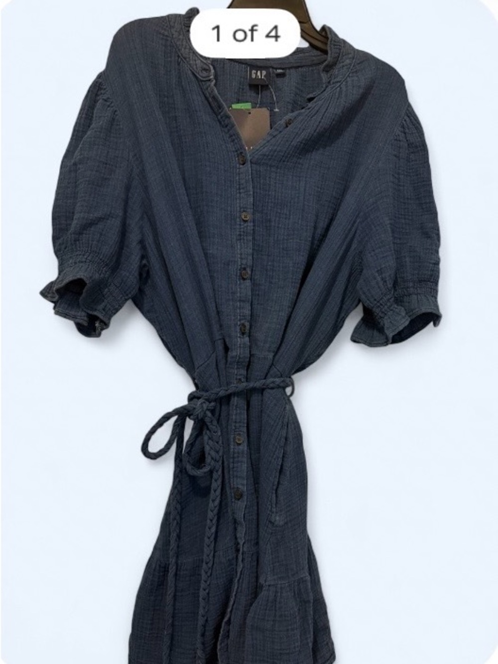 GAP Navy Button-Down Cotton Dress with Braided Waist Tie